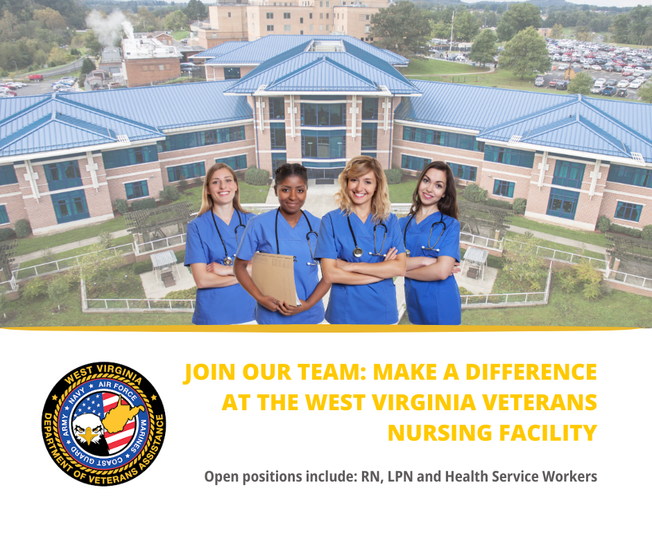 Four nurses in blue scrubs in front of the West Virginia Nursing Facility